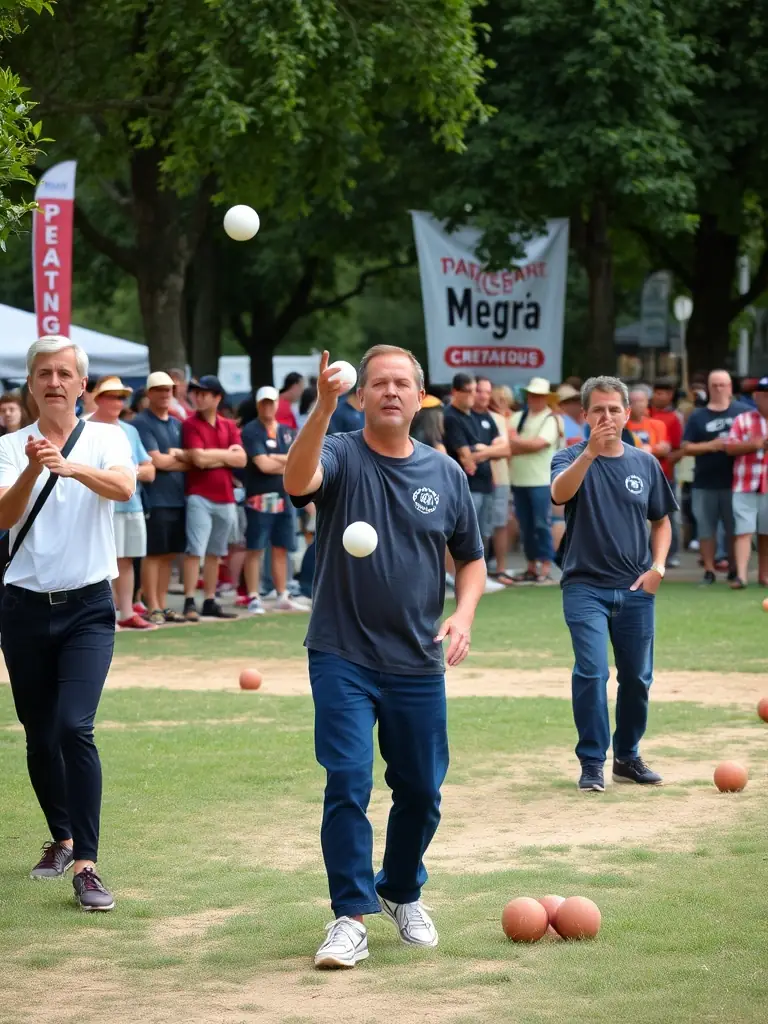 A group of CLUB BOULISTE DU BRIENNOIS members participating in a Lyonnaise boules competition, highlighting the competitive spirit and teamwork within the club.