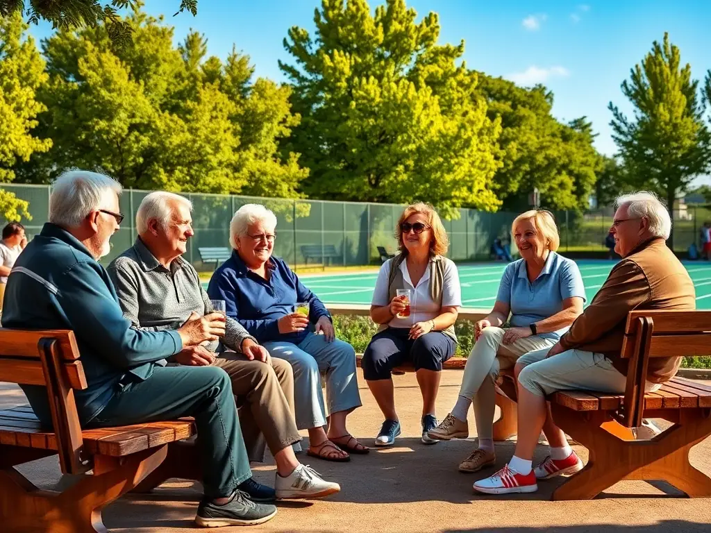A diverse group of CBB members laughing and socializing after a boules match, showcasing the club's friendly and inclusive atmosphere.