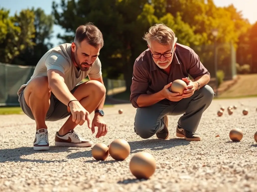 A group of players practicing boules on a sunny outdoor court, with coaches providing guidance. The players are focused and enjoying the game.