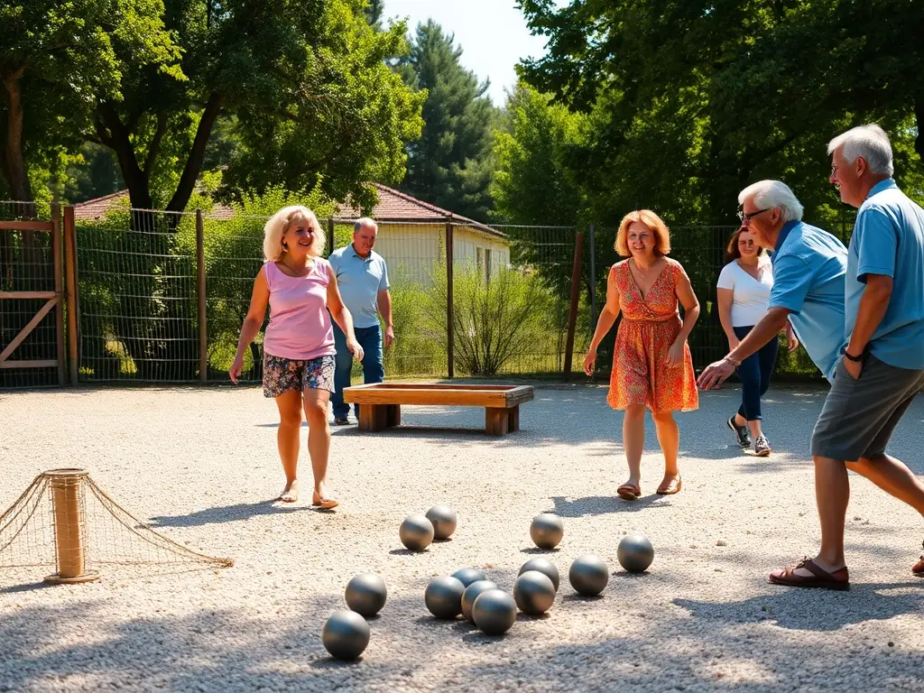 A friendly boules competition in a local park, with participants of all ages and backgrounds. The atmosphere is relaxed and supportive.
